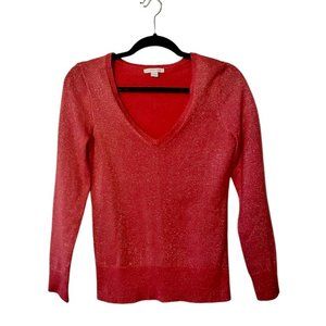New York & Co. | Coral/Red Sparkle Knit Holiday V-Neck Sweater Sz XS